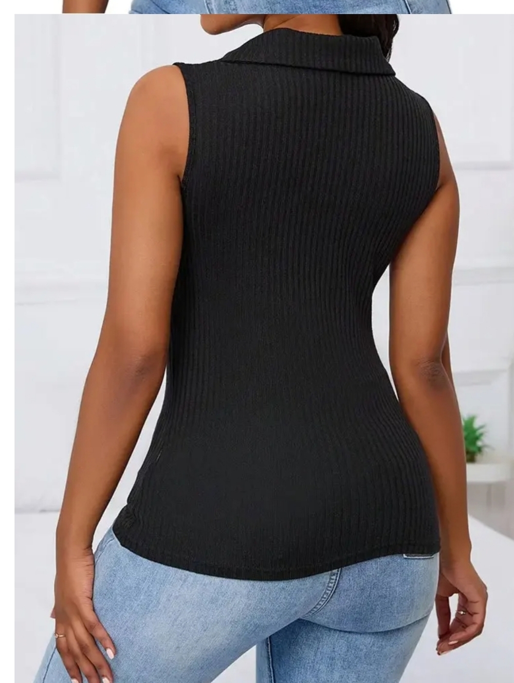 Ribbed Sleeveless Mock Neck Tank Top - Black